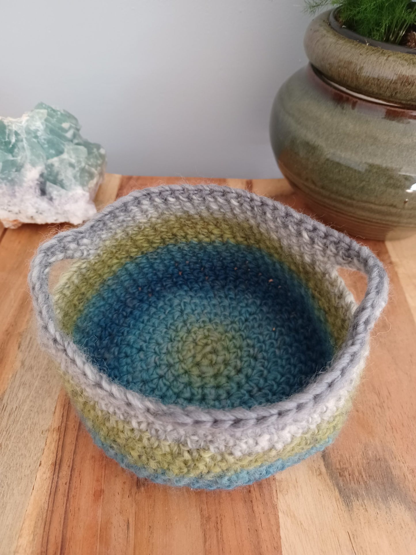 wool basket, Mermaid Collection, ombré, green, blue, gray, aquamarine, Moonstone Garden, handcrafted basket, fiber arts