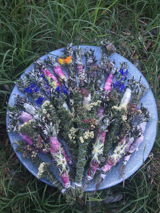 handmade smudge stick, artisan incense, mugwort incense, homegrown, flower wrapped, moonstone garden