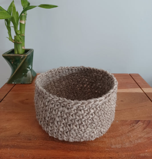 handmade basket, wool, fiber arts, greige, gray, Moonstone Garden, WSNC, GSO, CLT, RDU