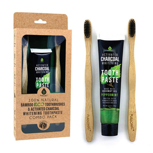 Set of 2 Bamboo Toothbrushes & Activated Charcoal Toothpaste