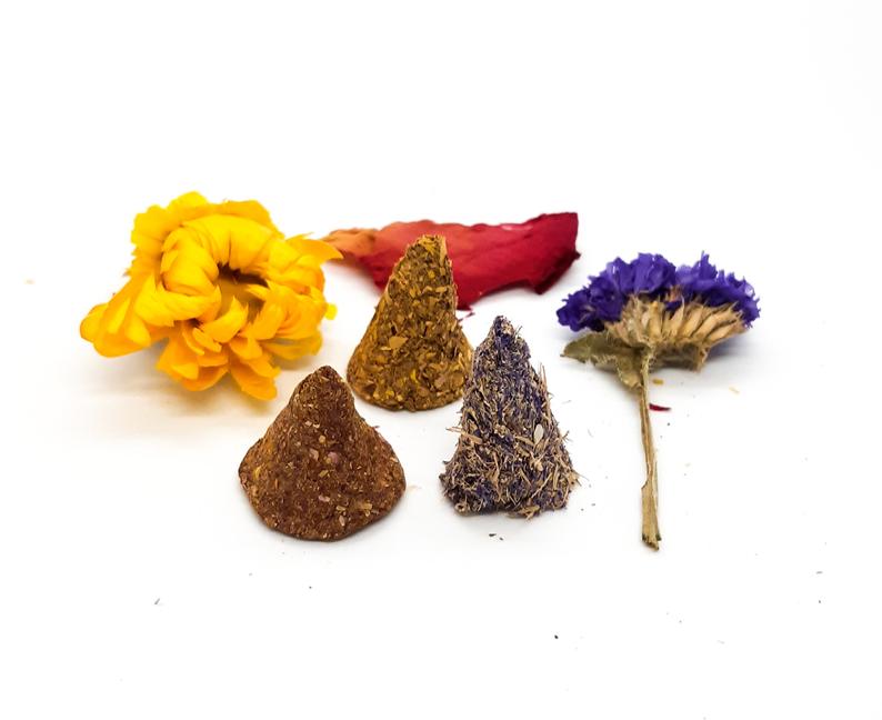 natural incense, handmade incense, artisan, cones, rose incense, chamomile incense, jasmine incense, lavender incense, forget me not, moonstone garden, black owned, woman owned, north carolina